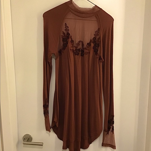 Free People Brick Red Mini Dress w/ mesh neck - Picture 1 of 2